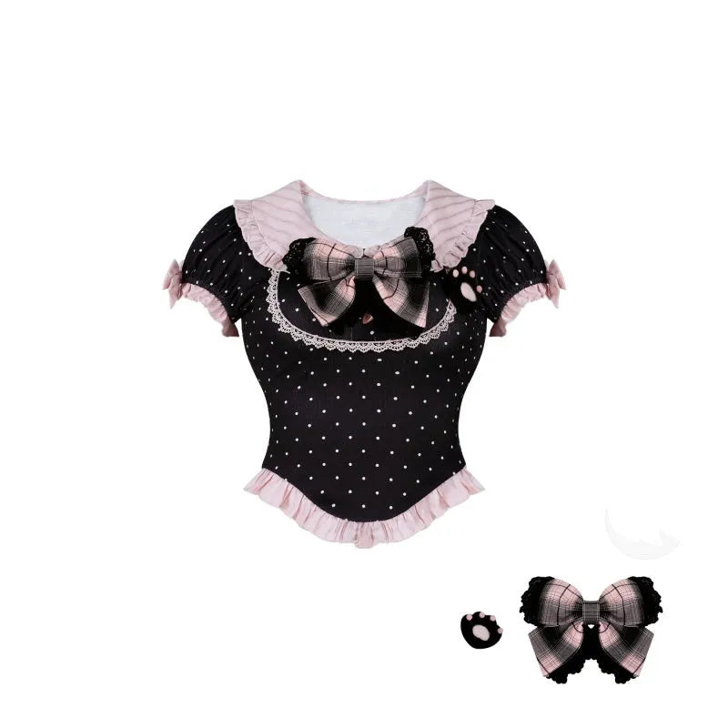 Summer polka dot top with bow, suspender skirt, and crinoline set in black