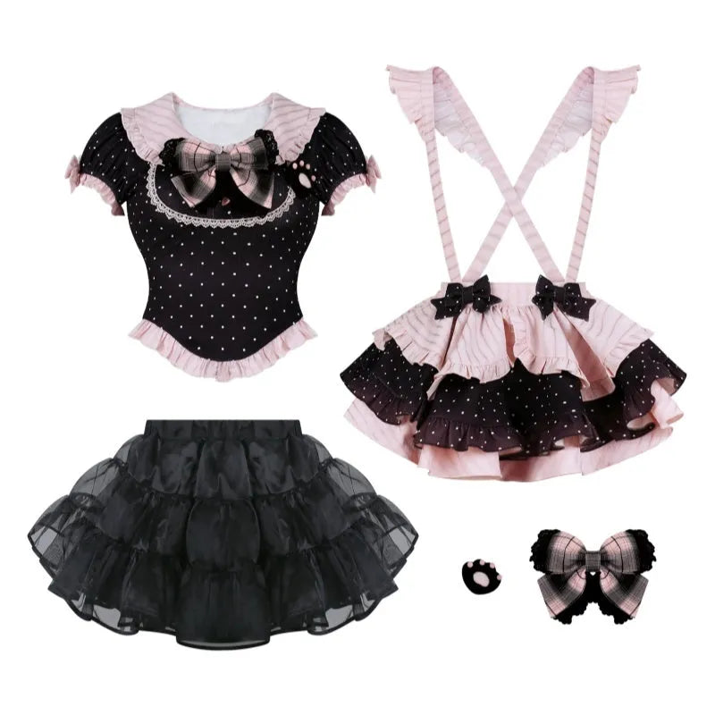 Summer polka dot top with bow, suspender skirt, and crinoline set in black