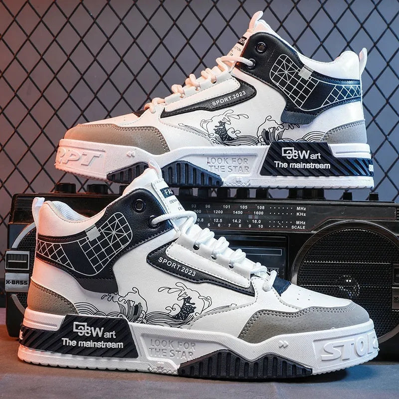 Men's high-top board shoes in beige, white and blue colours with mesh lining and rubber sole