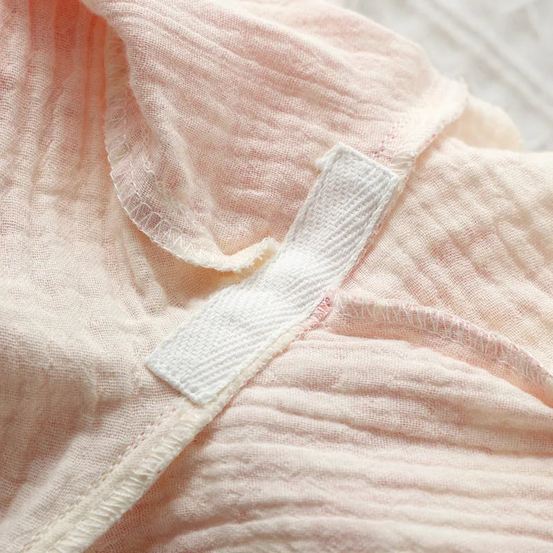 Women's pink frosted pine tree cotton gauze loungewear set with lace-up long-sleeve top and trousers