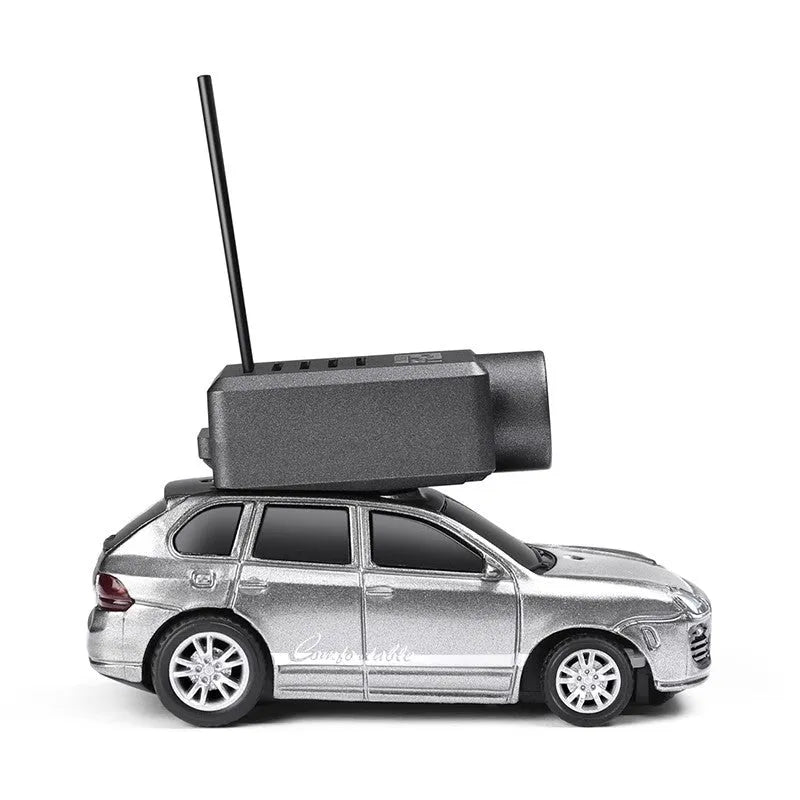 Mini alloy remote control car 1:64 scale with self-stabilising camera and blue ambient lights