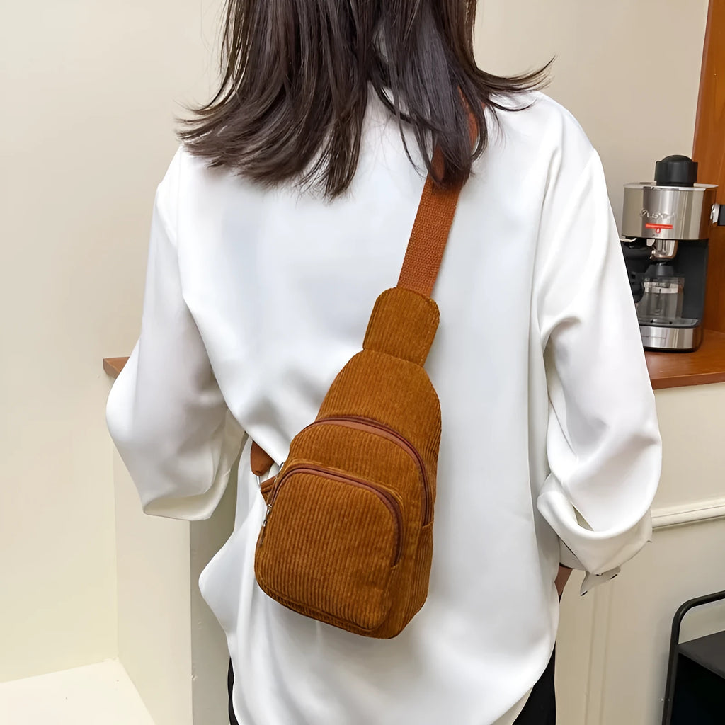 Flannel corduroy cross-body shoulder bag in beige with single strap and vertical square shape