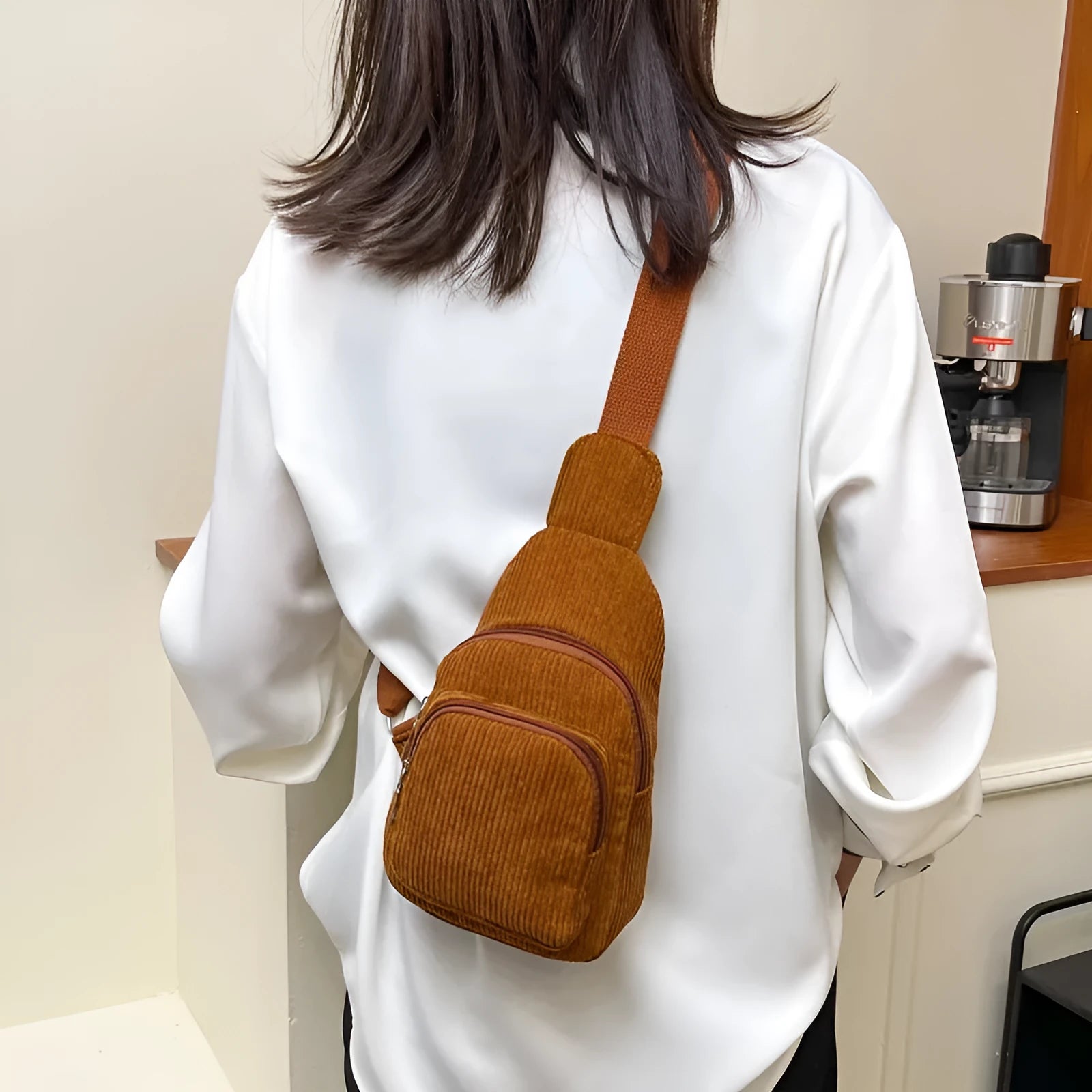 Flannel corduroy cross-body shoulder bag in beige with single strap and vertical square shape