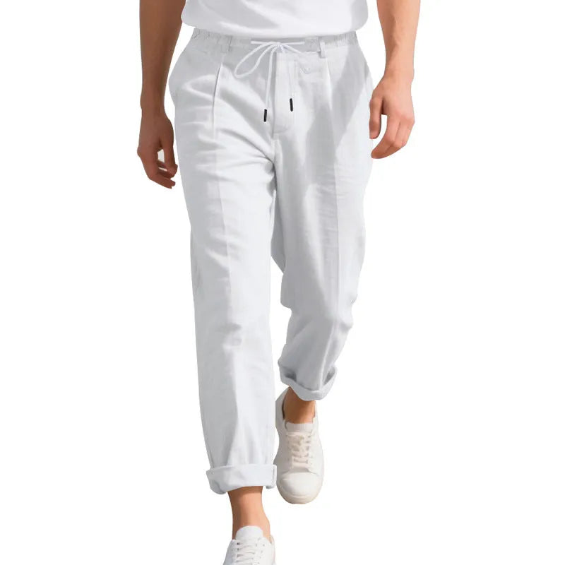 Men's linen casual trousers in straight-leg design with drawstring waist in light khaki colour