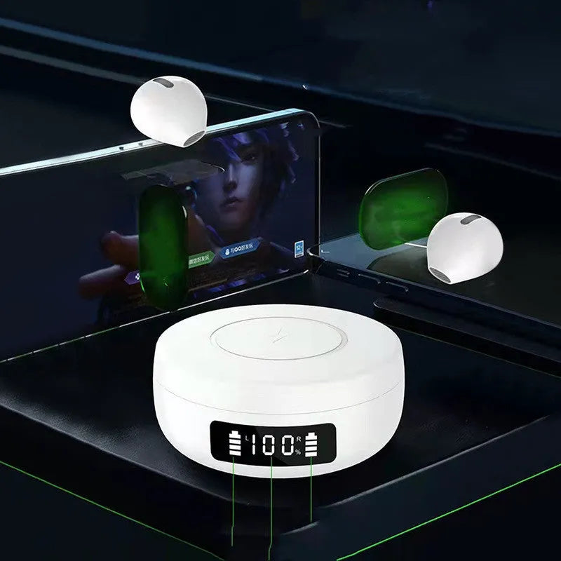 Mini semi-in-ear wireless headphones in black, colour, or white with compact charging case