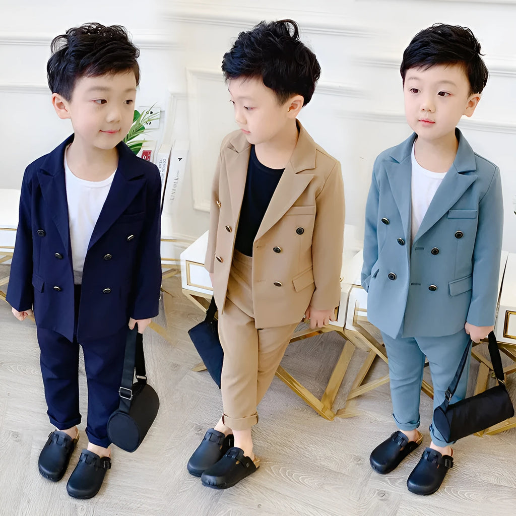 Children boys two-piece suit with long-sleeve shirt and trousers in solid colour cotton blend spring wear