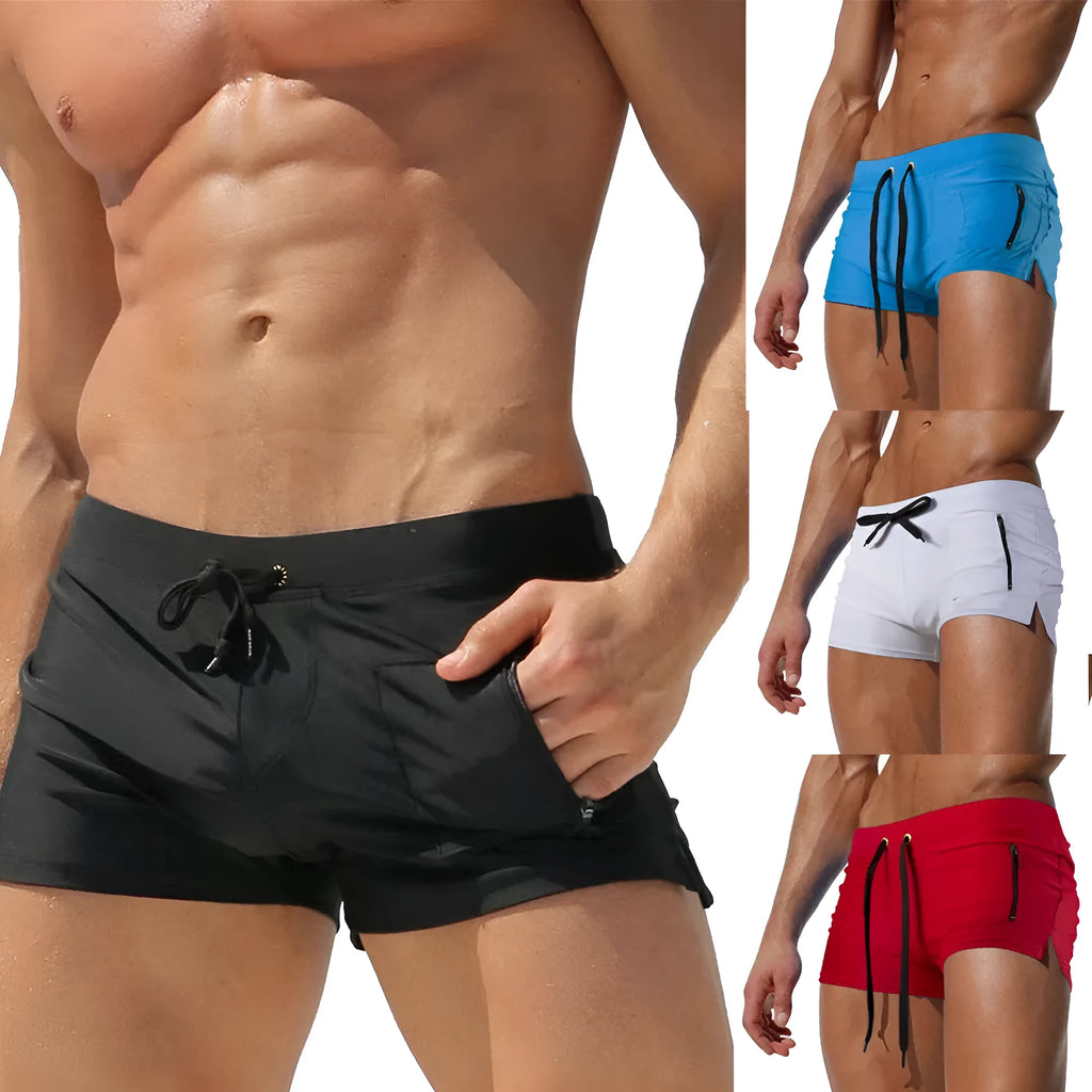 Men's black high-waist swimming trunks with a lace-up front closure on a white background.