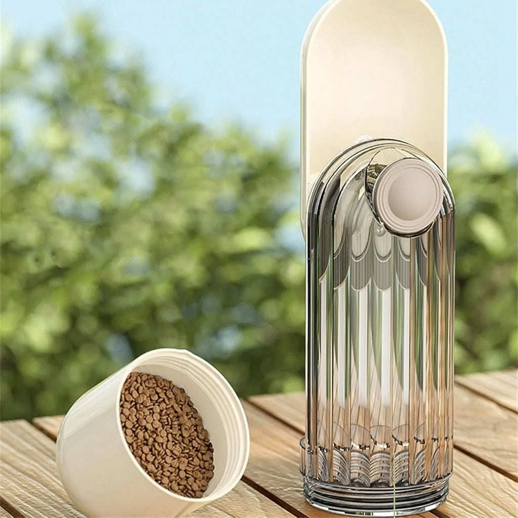 Beige or green foldable leak-proof dog water bottle with food dispenser for outdoor use
