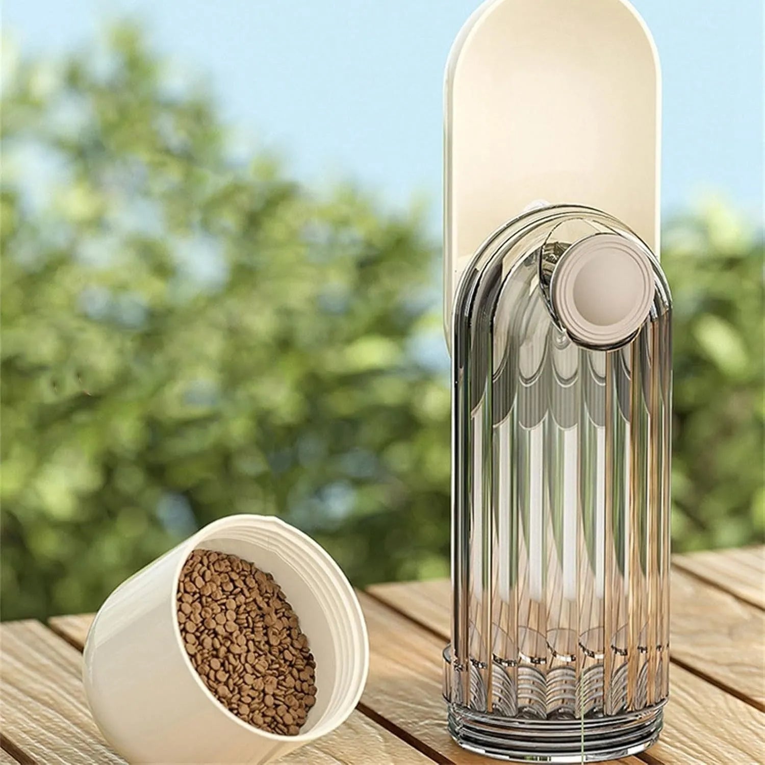 Beige or green foldable leak-proof dog water bottle with food dispenser for outdoor use