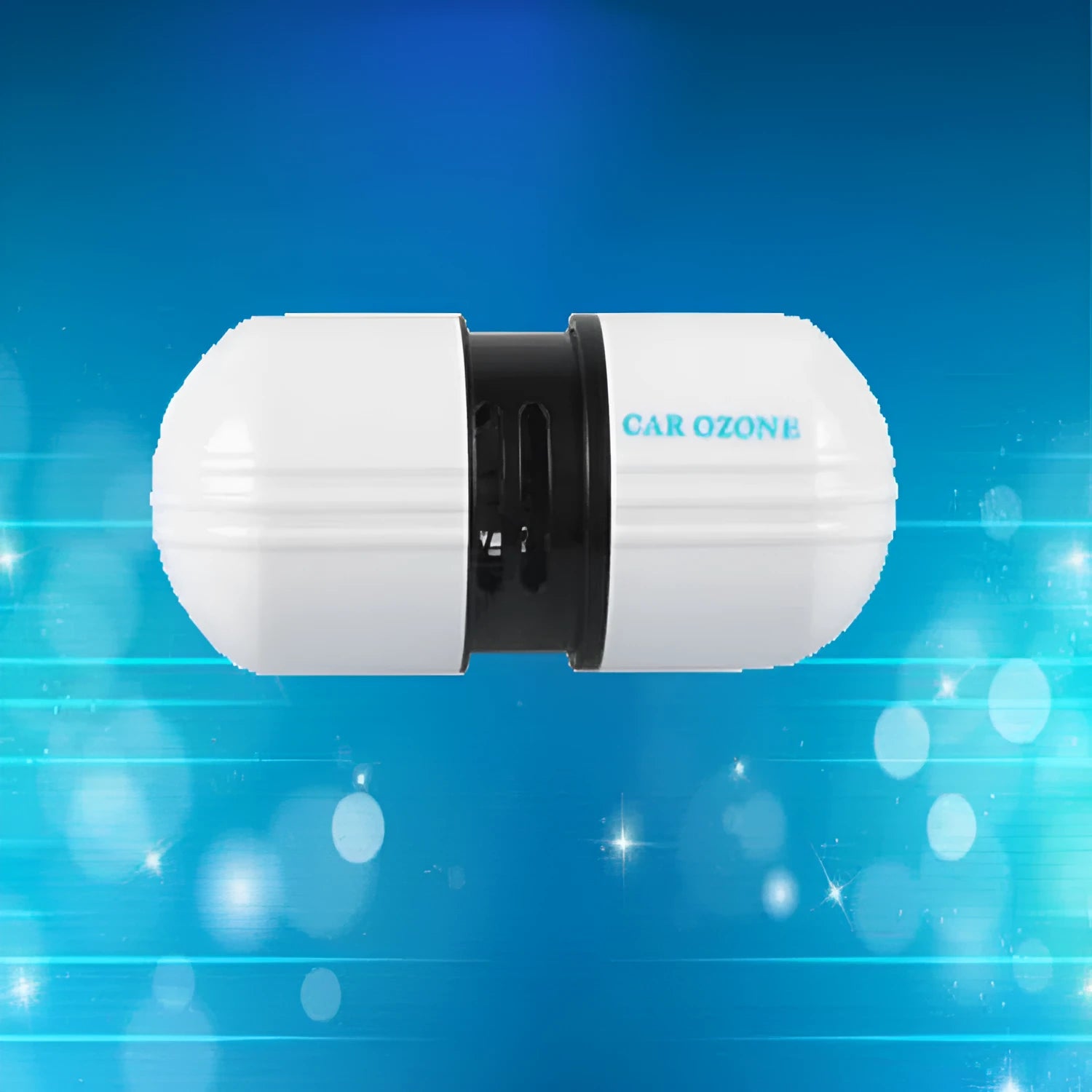 White car air purifier deodorizer 75x30x26mm with 12V plug on a surface
