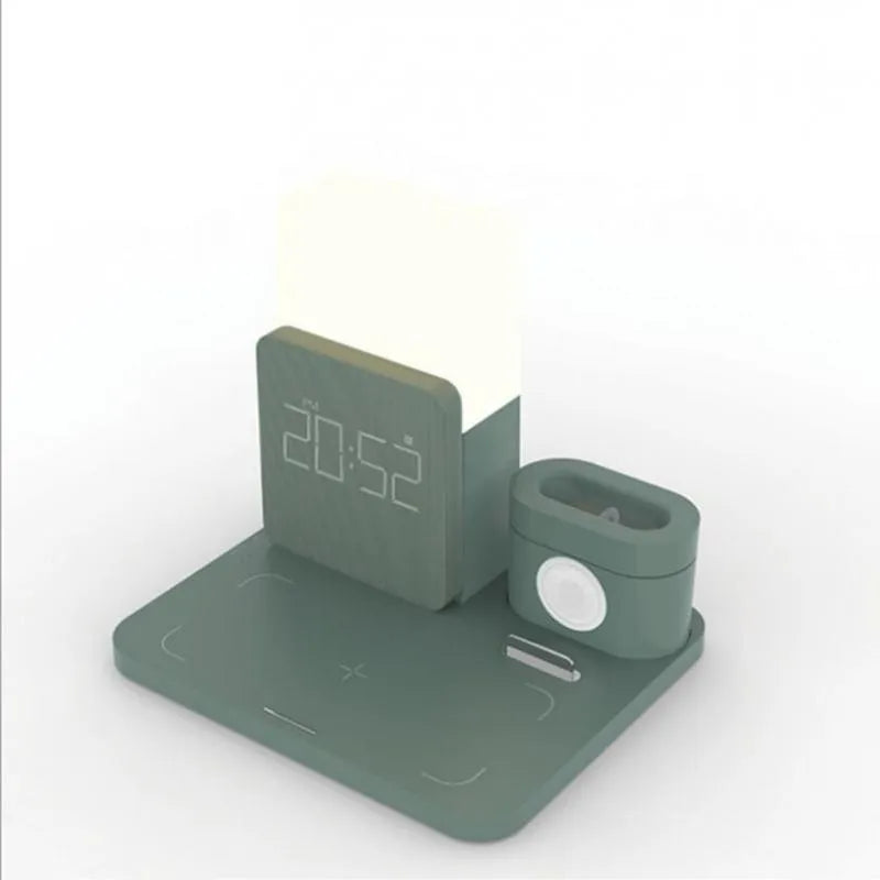 Dark green Qi wireless charger stand with foldable phone cradle showing 3-in-1 multifunction design