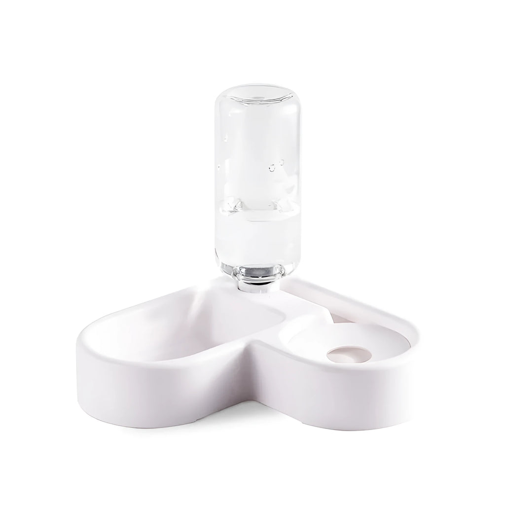 White food-grade plastic pet water fountain for cats and dogs on a countertop.