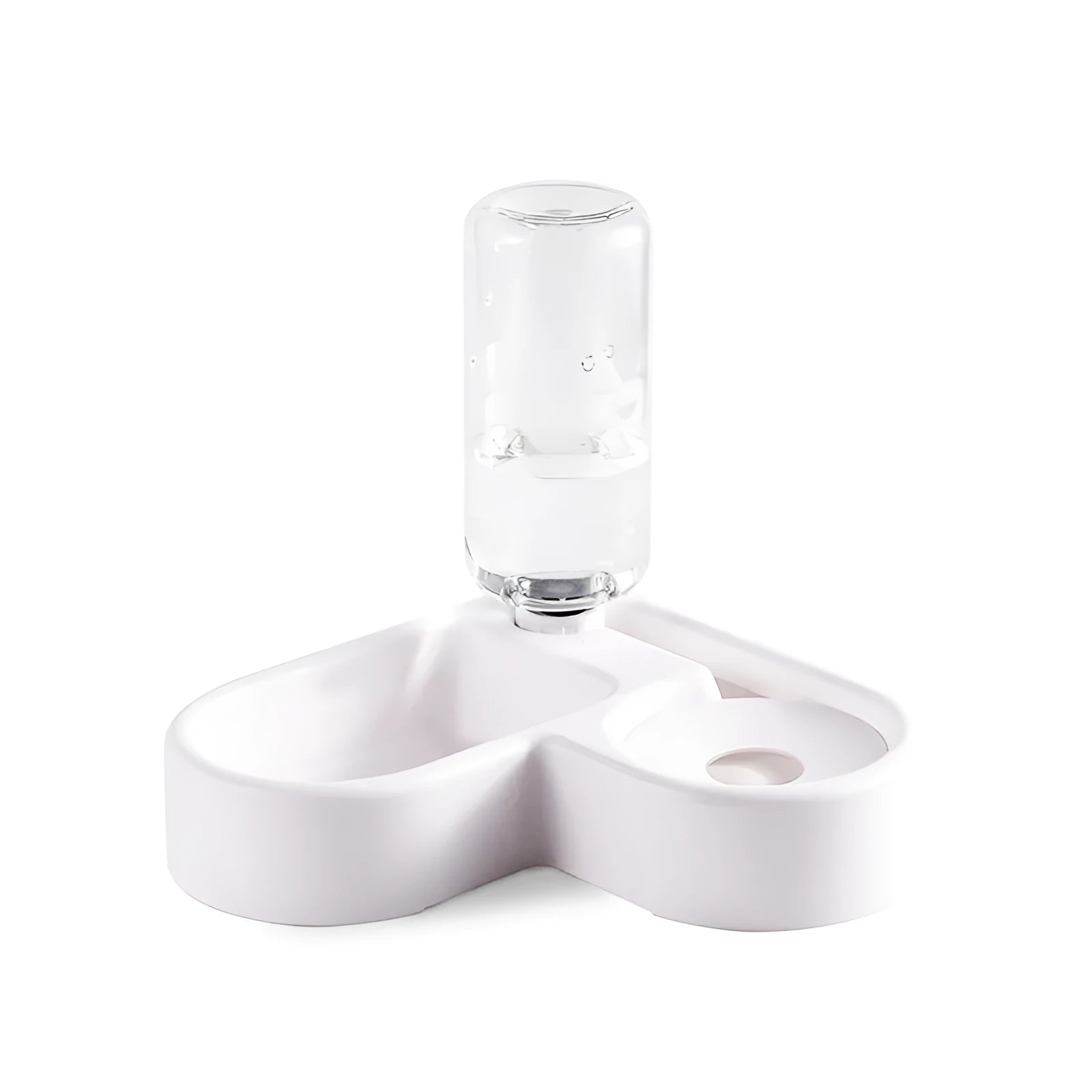 White food-grade plastic pet water fountain for cats and dogs on a countertop.