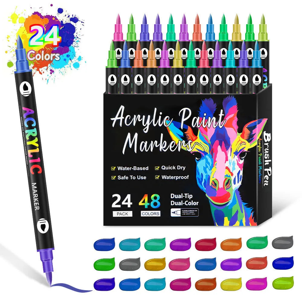 Double-headed acrylic marker pen set showing washable opaque colours in multiple pack size options