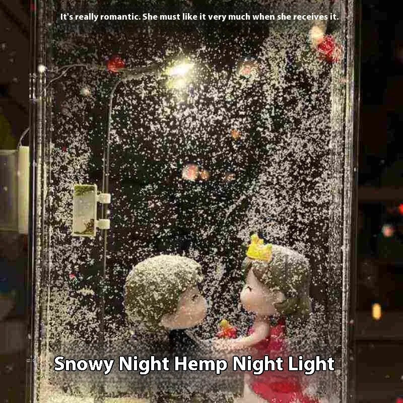 DIY snowy night light kit showing assembled snowflake street lamp scene with warm LED glow on a desktop.