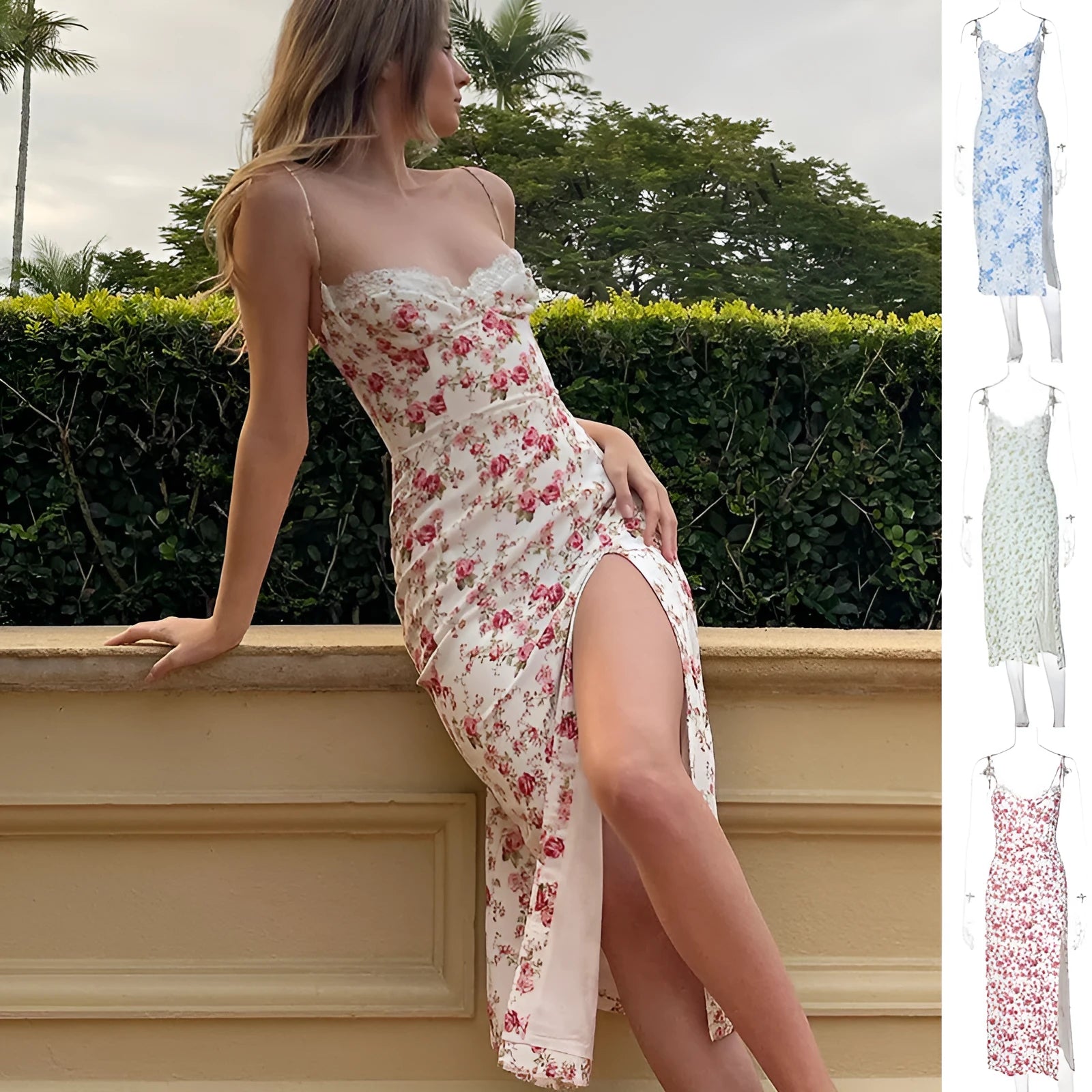 Womens blue lace flowers print long dress with side slit and black suspender straps.