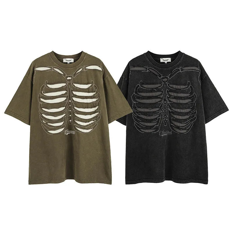 Men's black skull print cotton t-shirt with loose fit and drop shoulder sleeves
