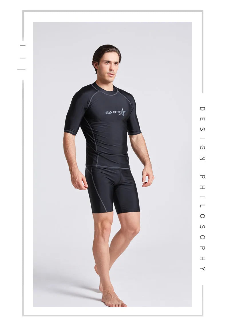 Men's quick-drying half sleeve swim top and pant set in nylon fabric on a white background.