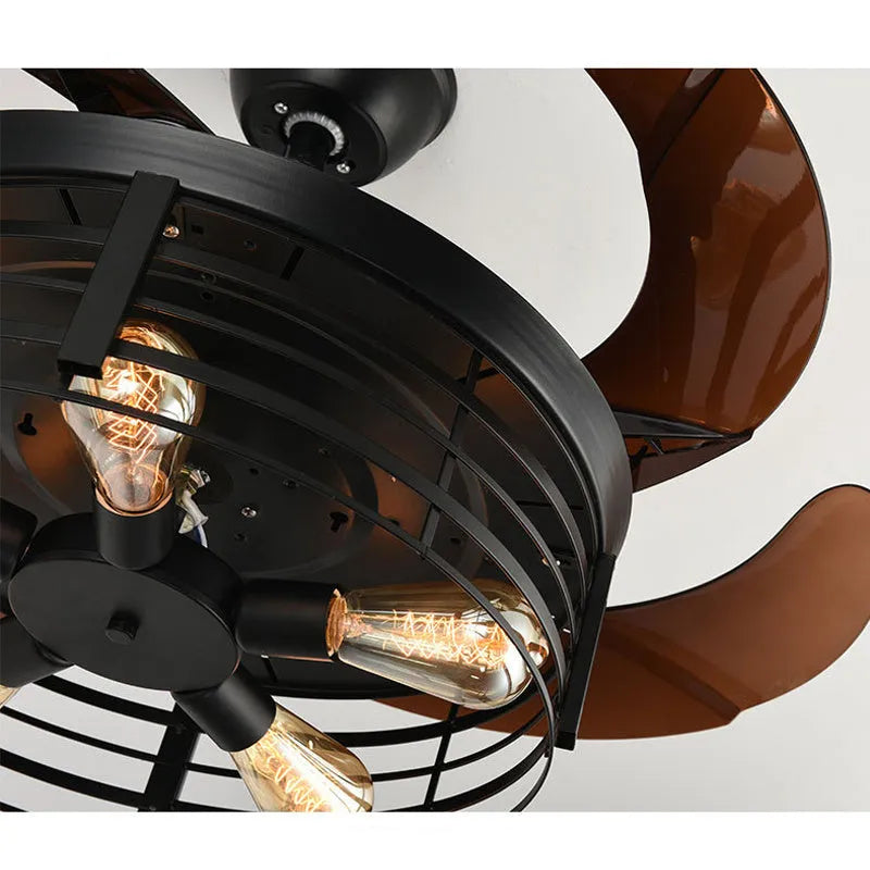 Industrial American retro fan lamp with remote control showing 42-inch diameter and acrylic construction