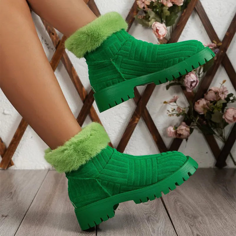 Women's winter ankle boots, thickened snow boots with plush cotton lining, round toe, green colour, side view