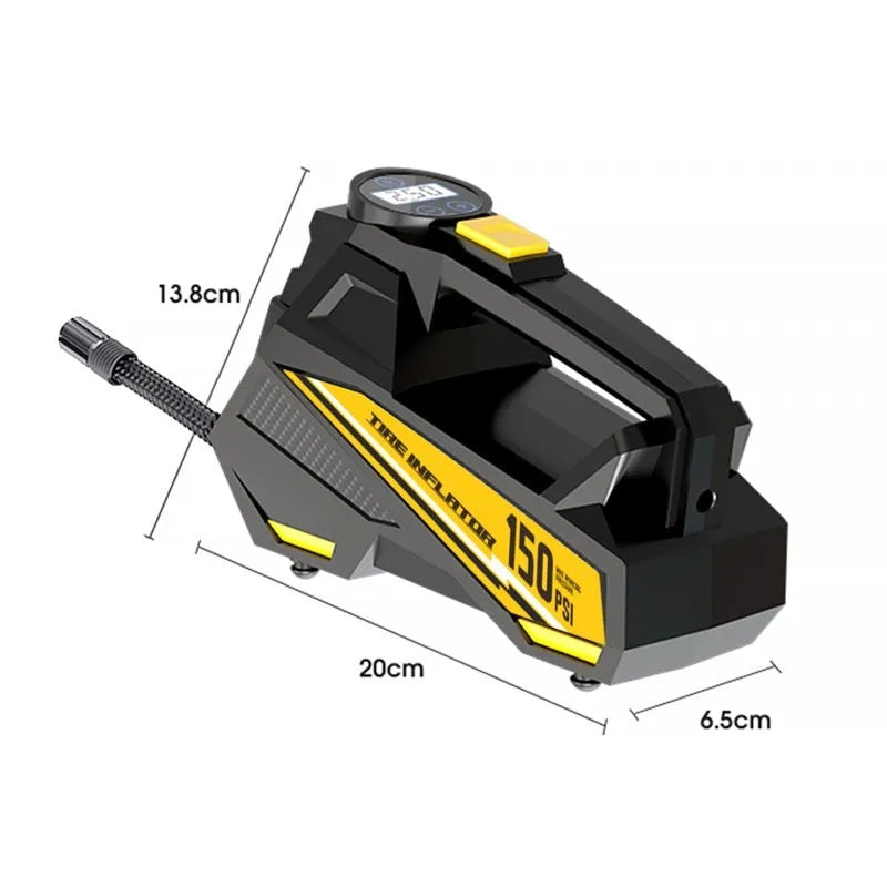 Black vehicle tyre inflator with digital display and ABS housing for 12V car socket connection