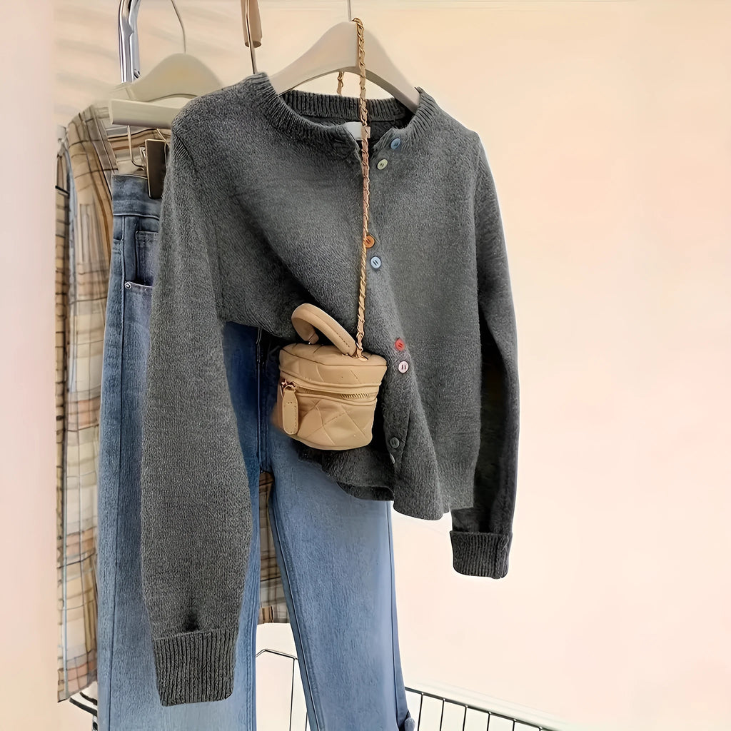 Women's dark grey polyester cardigan sweater with button front and long sleeves