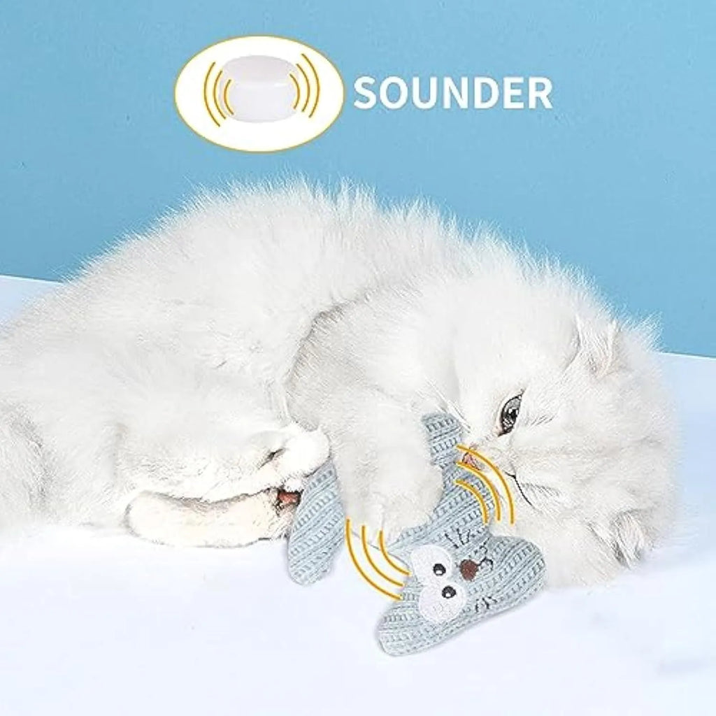 Cyan plush catnip toy with rope elements and a bell for cats on a white background