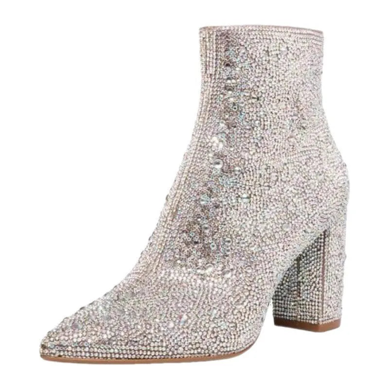 Rhinestone pink suede over-the-knee boots with side zipper and pointed toe