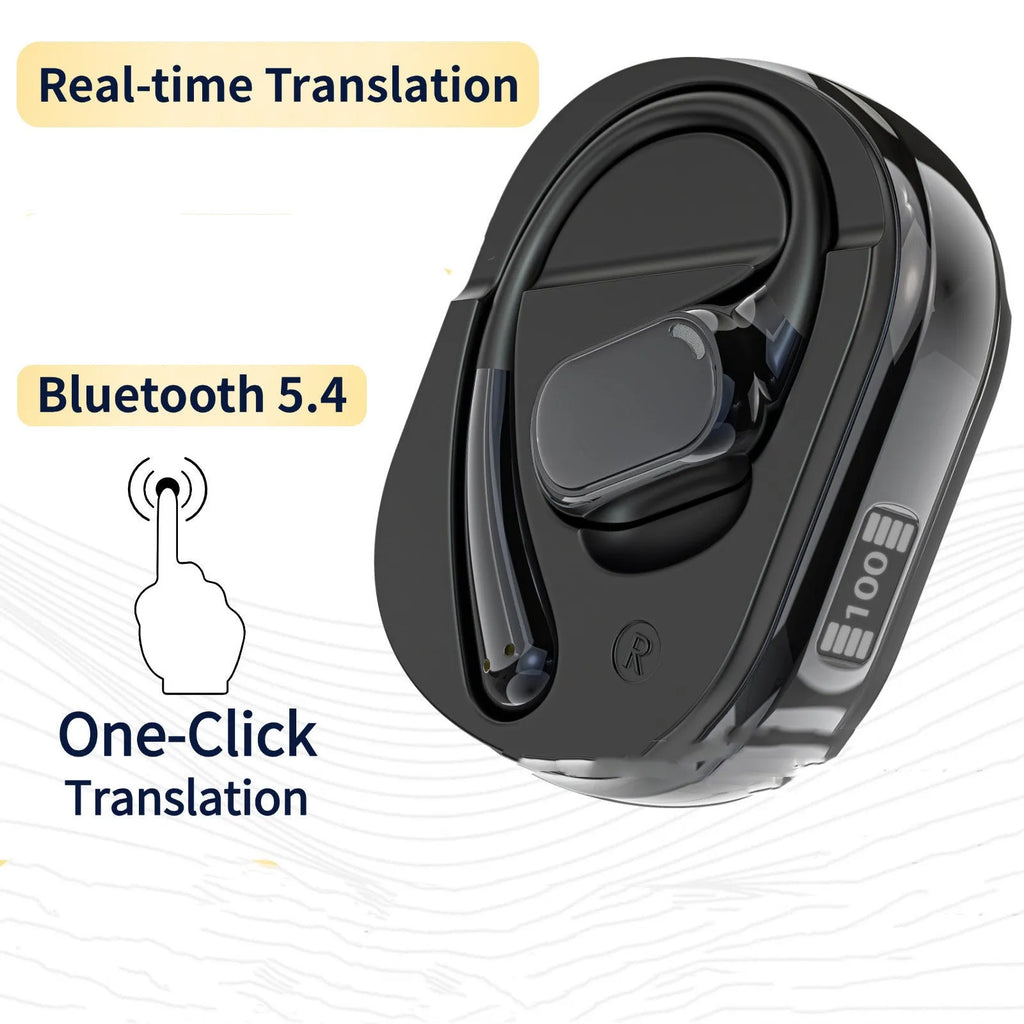 Wireless Bluetooth translation headphones in open ear-mounted design, OWS Black colour, compact and touch controlled