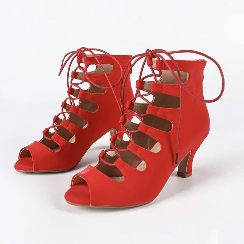Women's lace-up Latin dance shoes in black with synthetic leather upper and leather sole, side view
