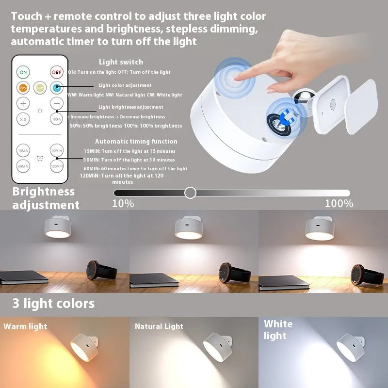 Round rotatable bedside wall lamp with geometric stereo design in white shell against wall showing magnetic mount