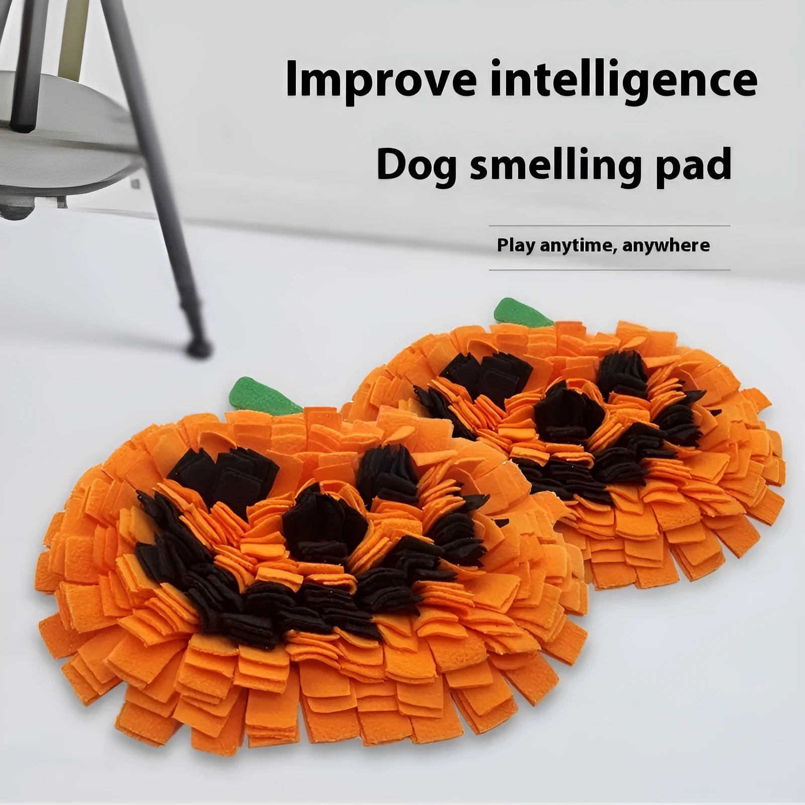 Orange polar fleece pet slow feeder mat with pumpkin-shaped woollen pads measuring 25cm by 34cm