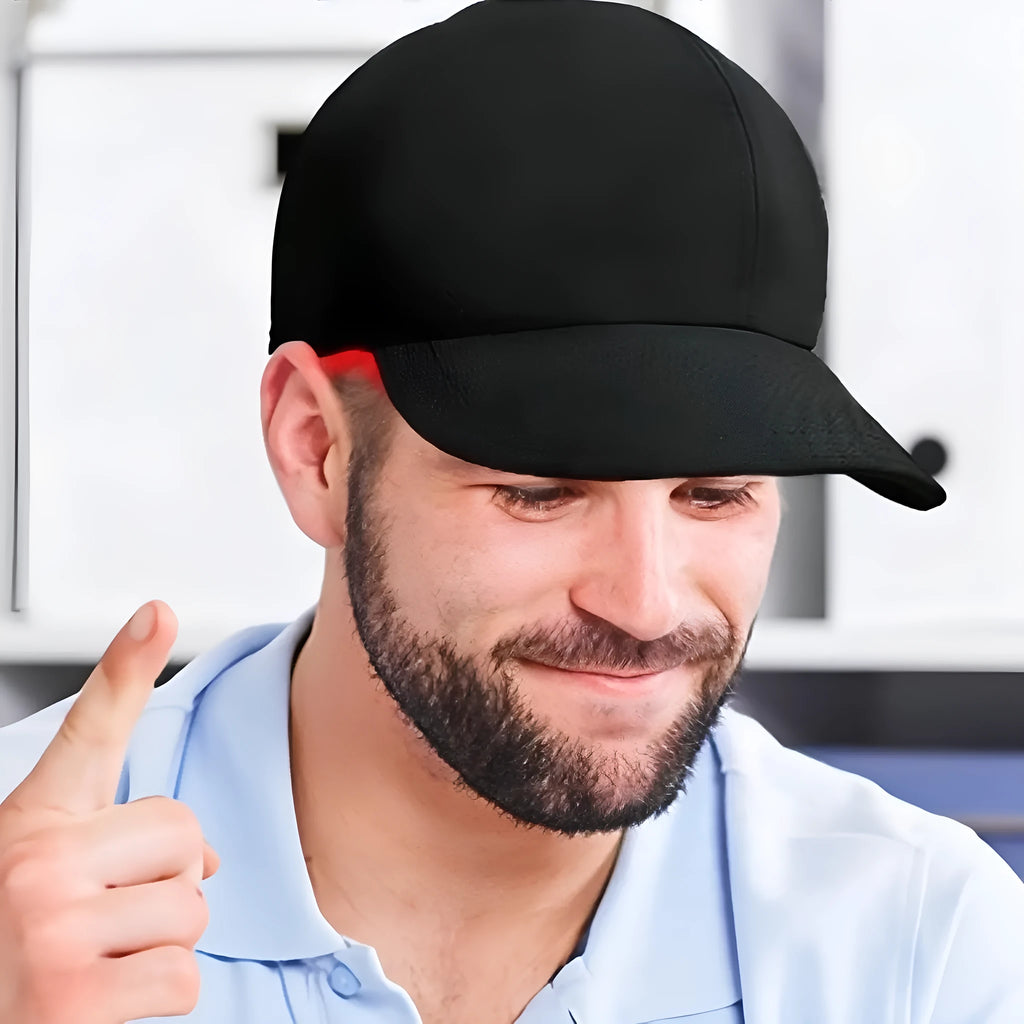 Black infrared peaked cap with 180 LED lights for hair growth and hair care treatment