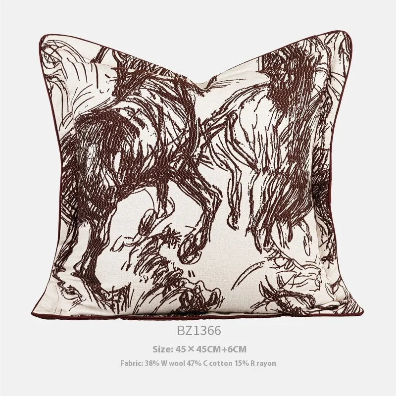 Abstract geometric golden horse design on a jacquard woven polyester cushion cover.
