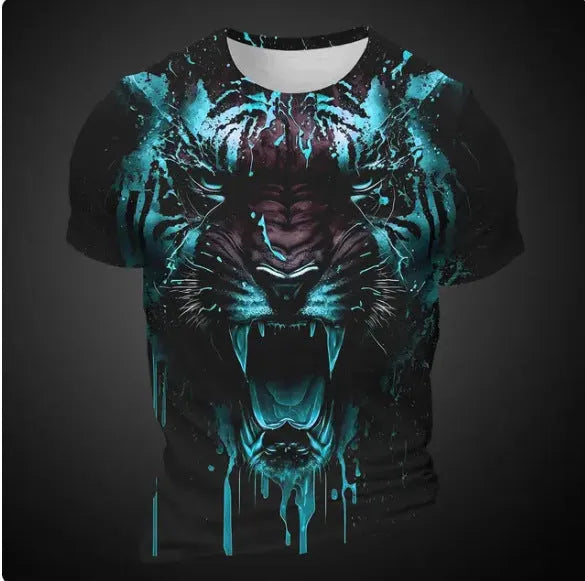 Men's grey T-shirt with a detailed 3D tiger head design printed on the chest.