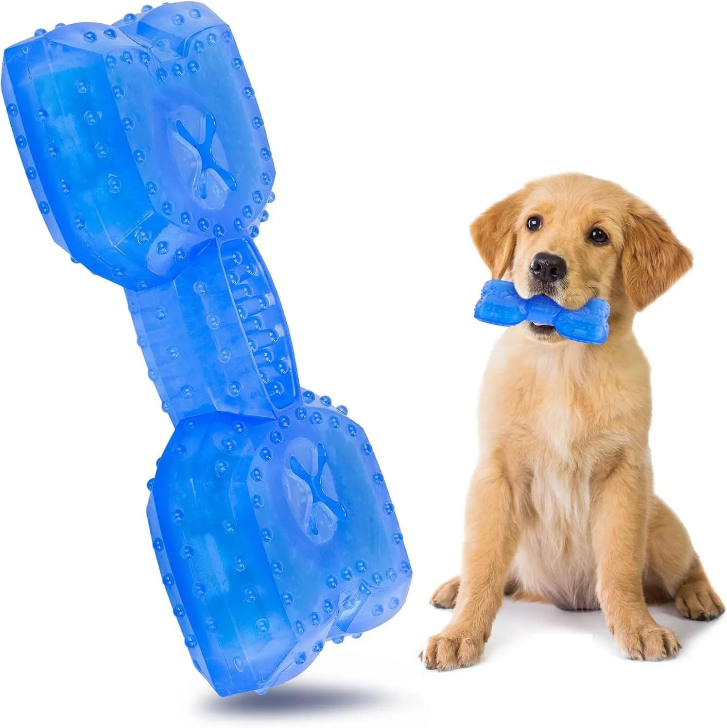 Freezable dog chew toy in bone and circle shapes with a treat slot, shown frozen.
