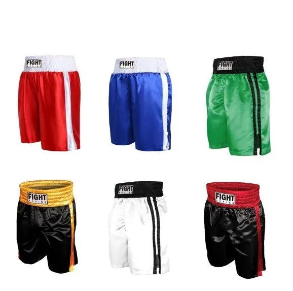 Black and white striped boxing shorts with elastic waistband and side slits for kickboxing training.
