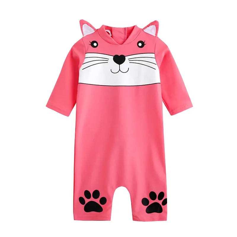 Blue long sleeve one-piece baby swimsuit made of high-elasticity polyester for sun protection and swimming