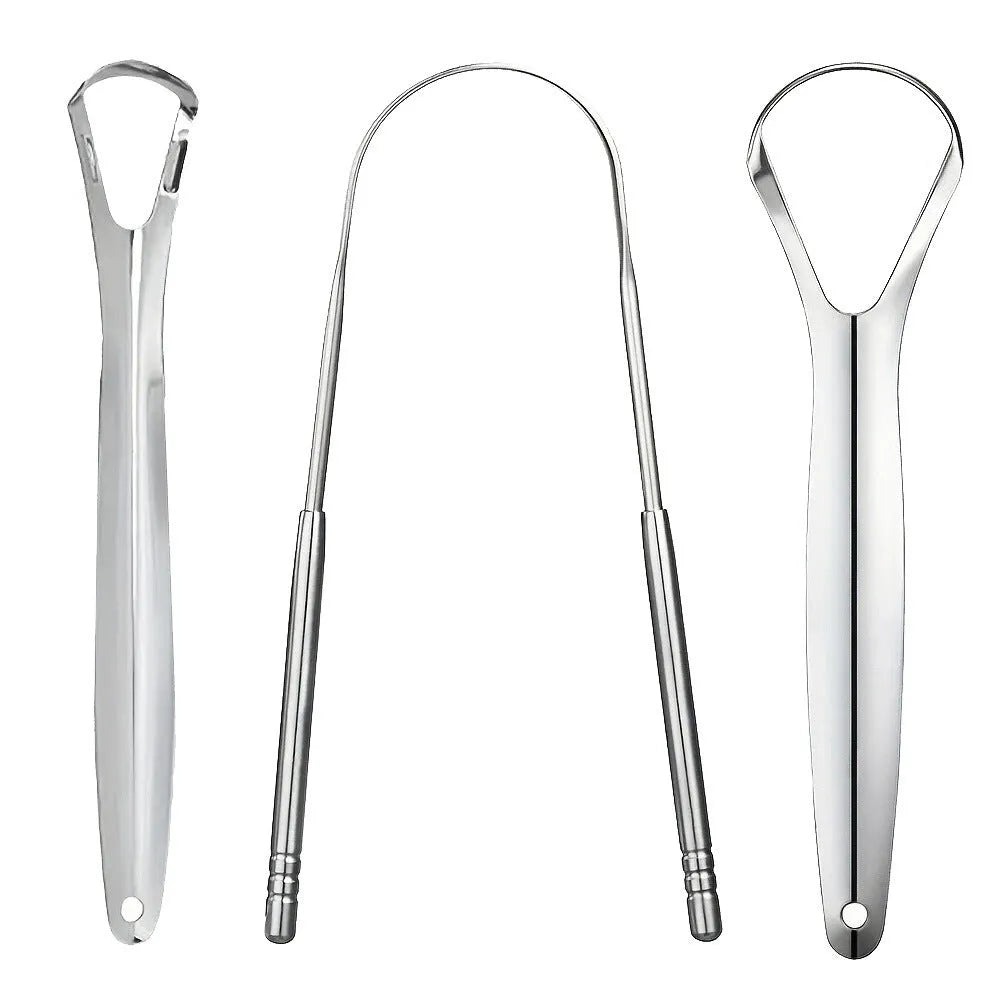 Stainless steel tongue coating cleaner set with large opening and spoon type U-shaped scrapers in pearlescent bags
