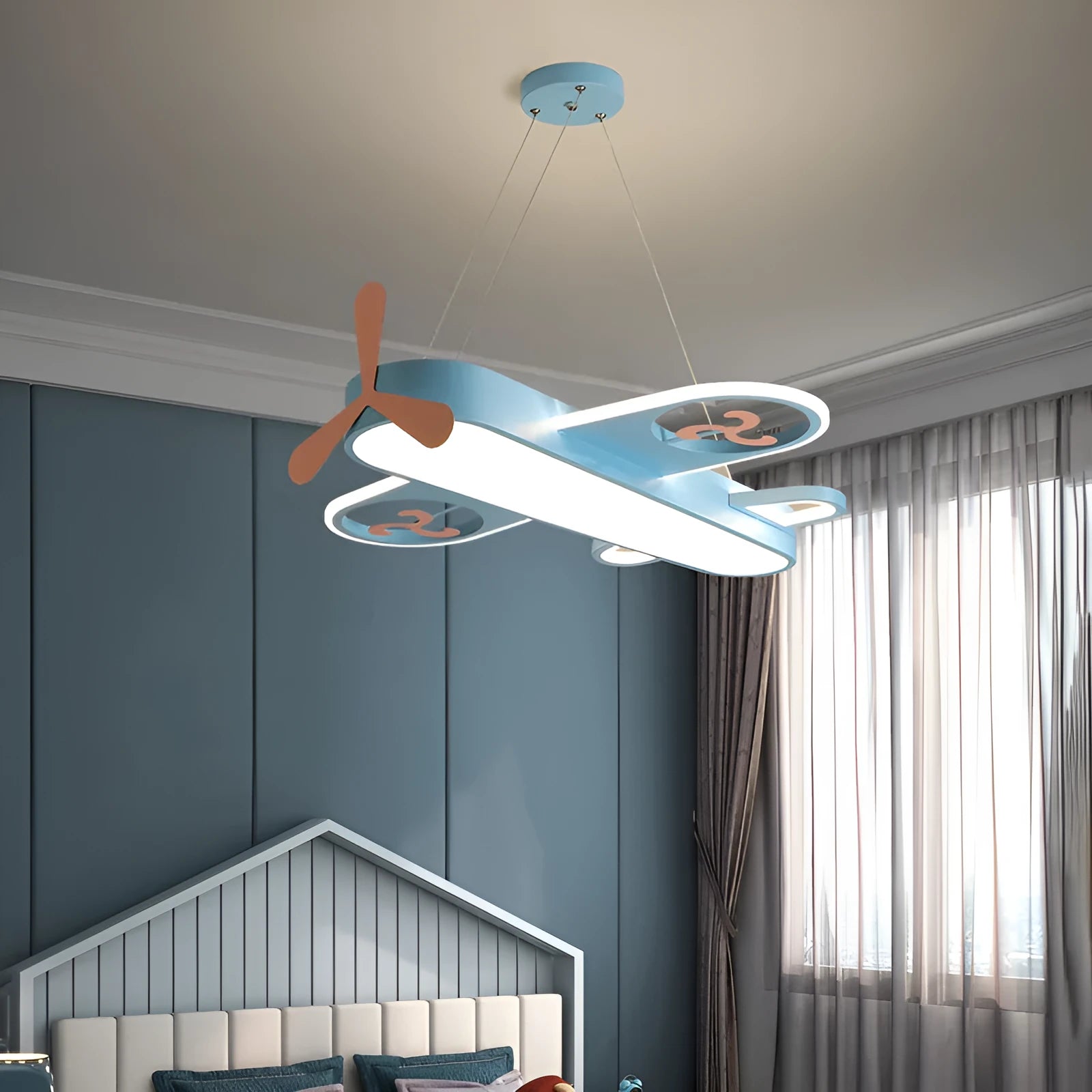Blue or pink cartoon plane LED chandelier with iron frame and aluminium alloy body for children's room ceiling