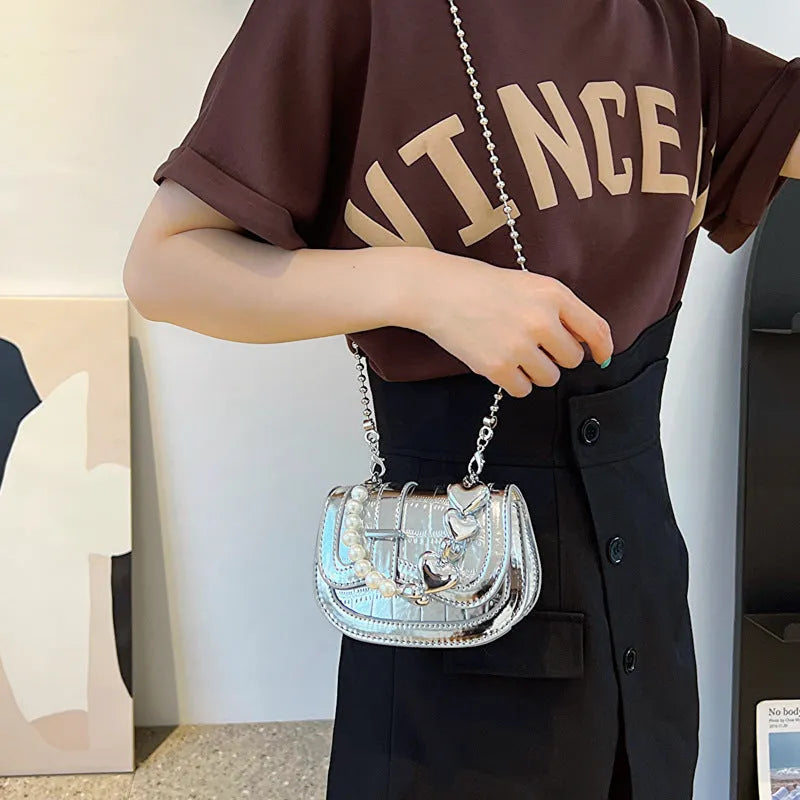 Silver PU leather mini tote crossbody bag with single shoulder strap and mobile phone pocket