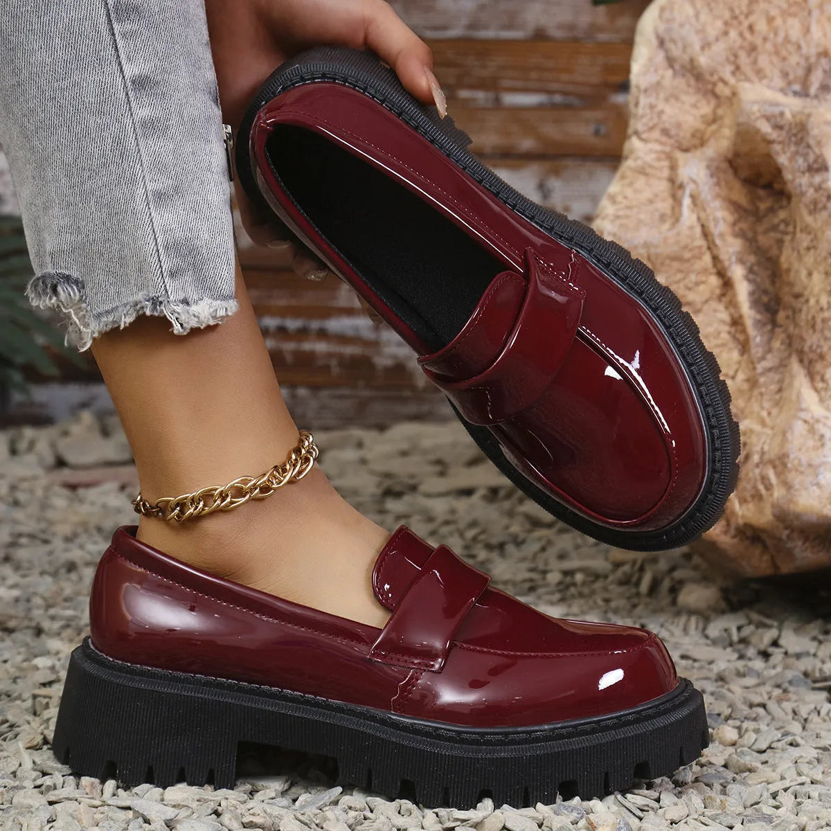 Plus size women's slip-on loafers with chunky heel in black, wine red, or green colours