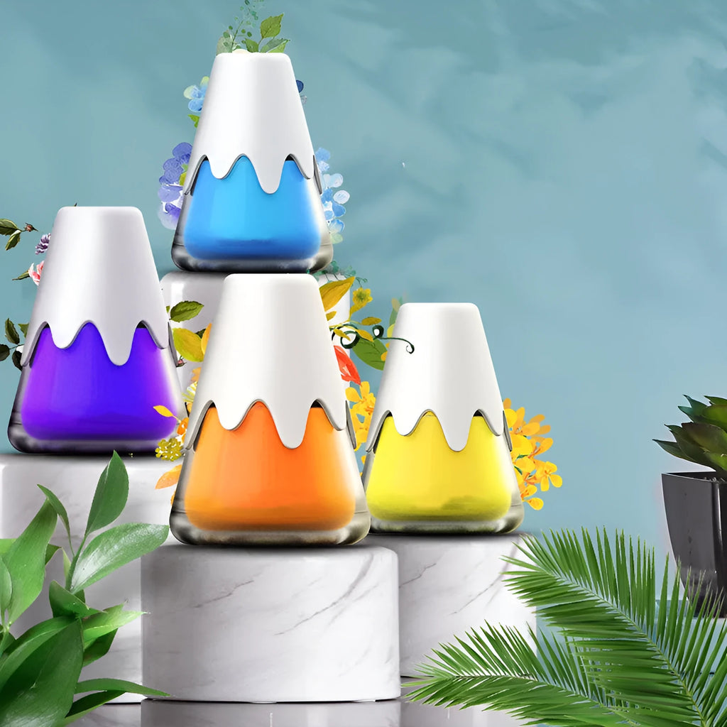 Snow Mountain Cup glass jar car fragrance diffuser with cream, shown in blue and purple colour variants.