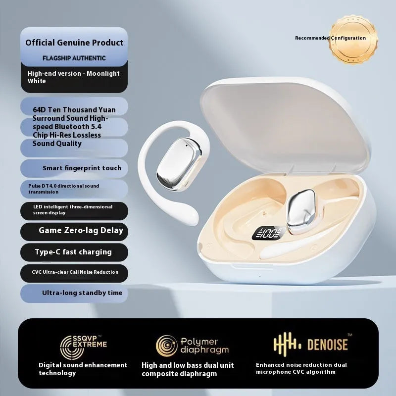Ear-mounted wireless headphones with digital display screen in black, skin colour, or white colours