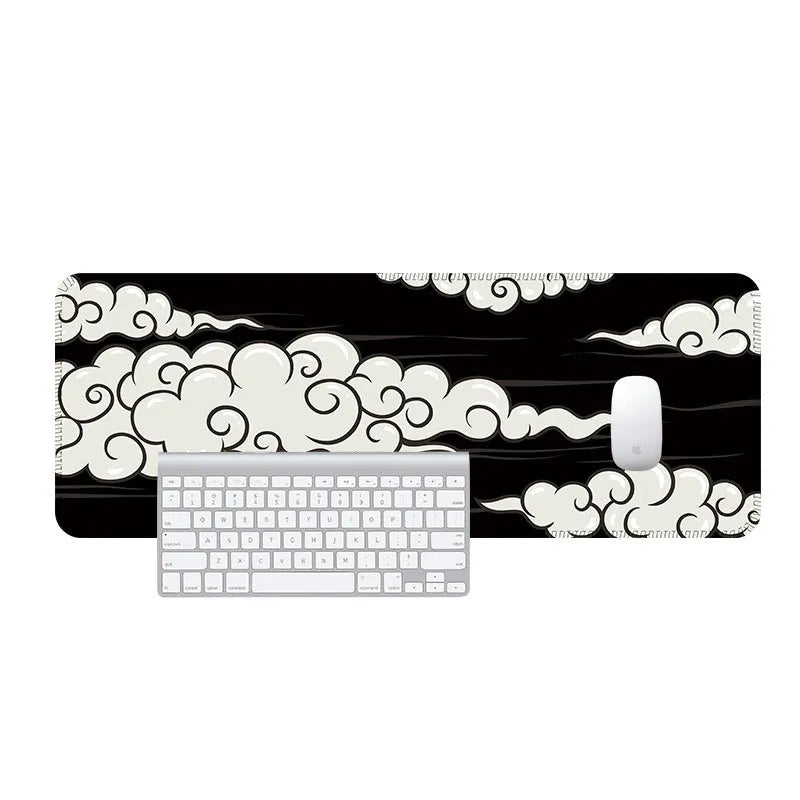 Large natural rubber desk mat with Japanese-style graphic pattern on wooden desk