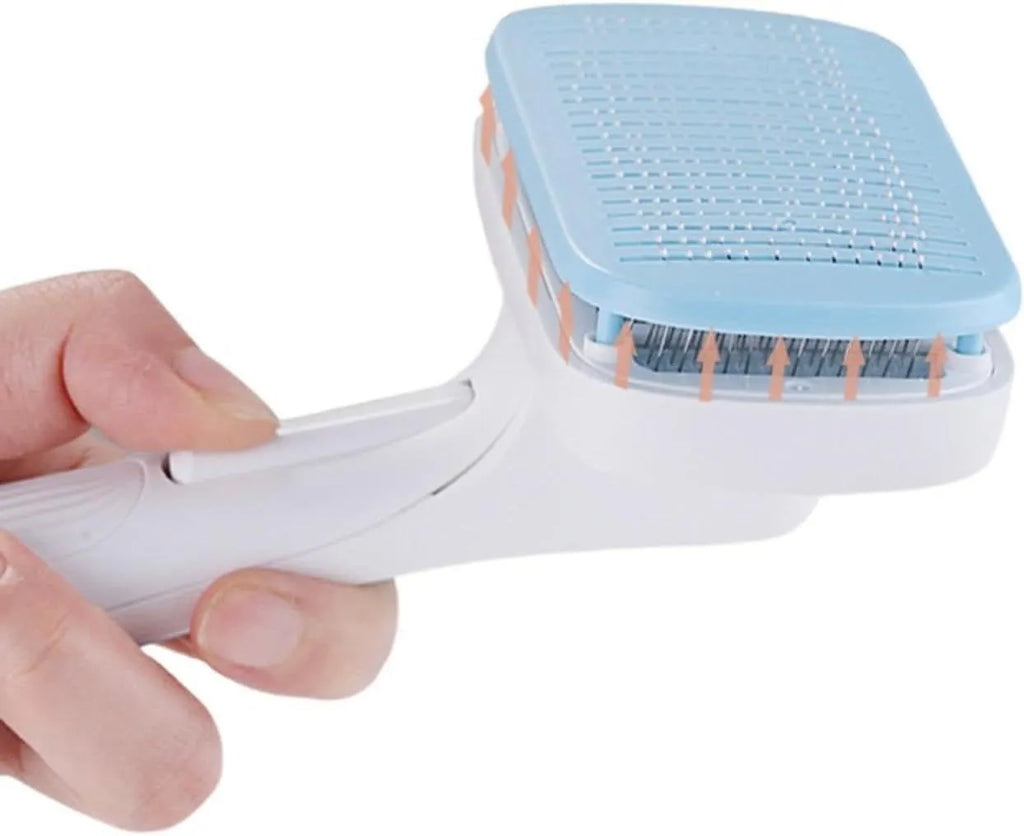 Automatic pet hair removal comb for dogs and cats in blue, grey, green, or pink.