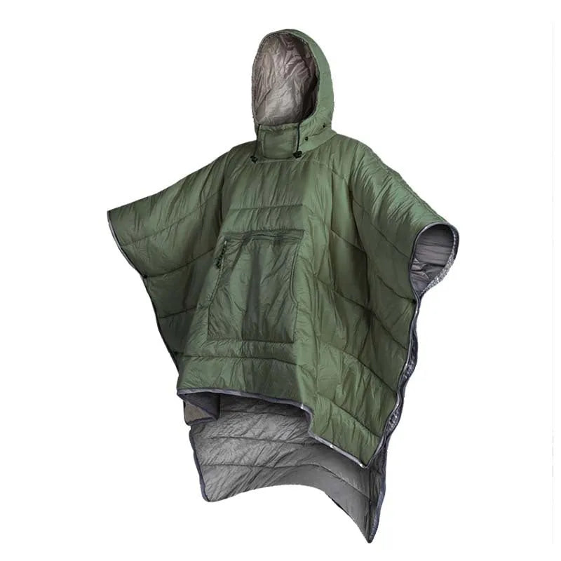 Outdoor cloak sleeping bag shown as wearable cape and as traditional sleeping bag