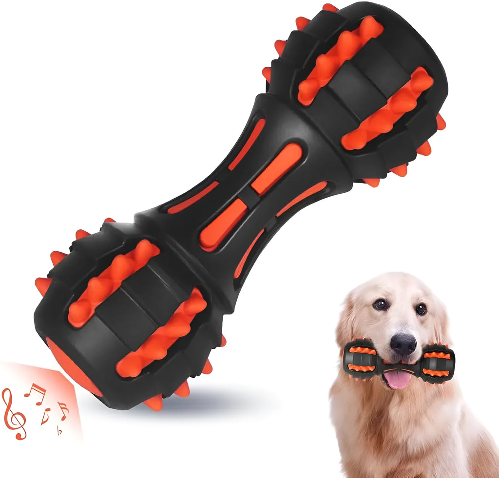 Red rubber dumbbell-shaped dog chew toy with double-layer construction