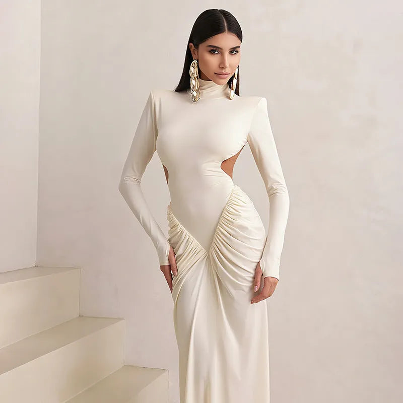 Long sleeve high collar backless pleated dress in solid colour options