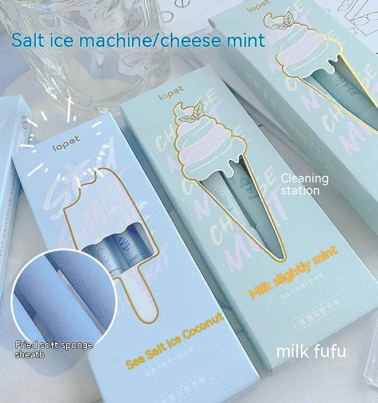 Four double-headed fluorescent pens with 0.5mm tips for calligraphy, showing Cheese Mint and Sea Salt Ice Cup colours.